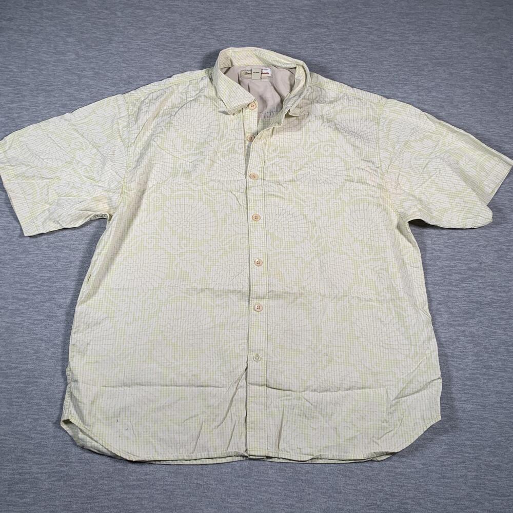 Tommy Bahama Shirt Mens XL Green White Tencel Floral Check Camp Short Sleeve